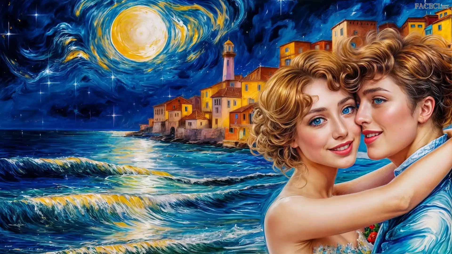 Księżyc, Morze, Domy, Grafika, Zakochani, Kobieta, Para, Mężczyzna